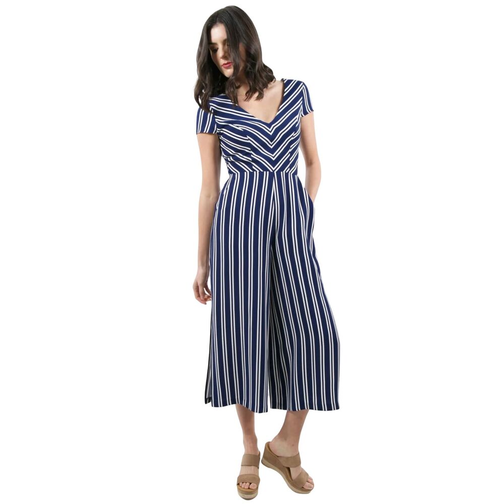 Amanda Uprichard NWOT Amery Cropped Wide Leg Jumpsuit Navy White Stripe Sz M
